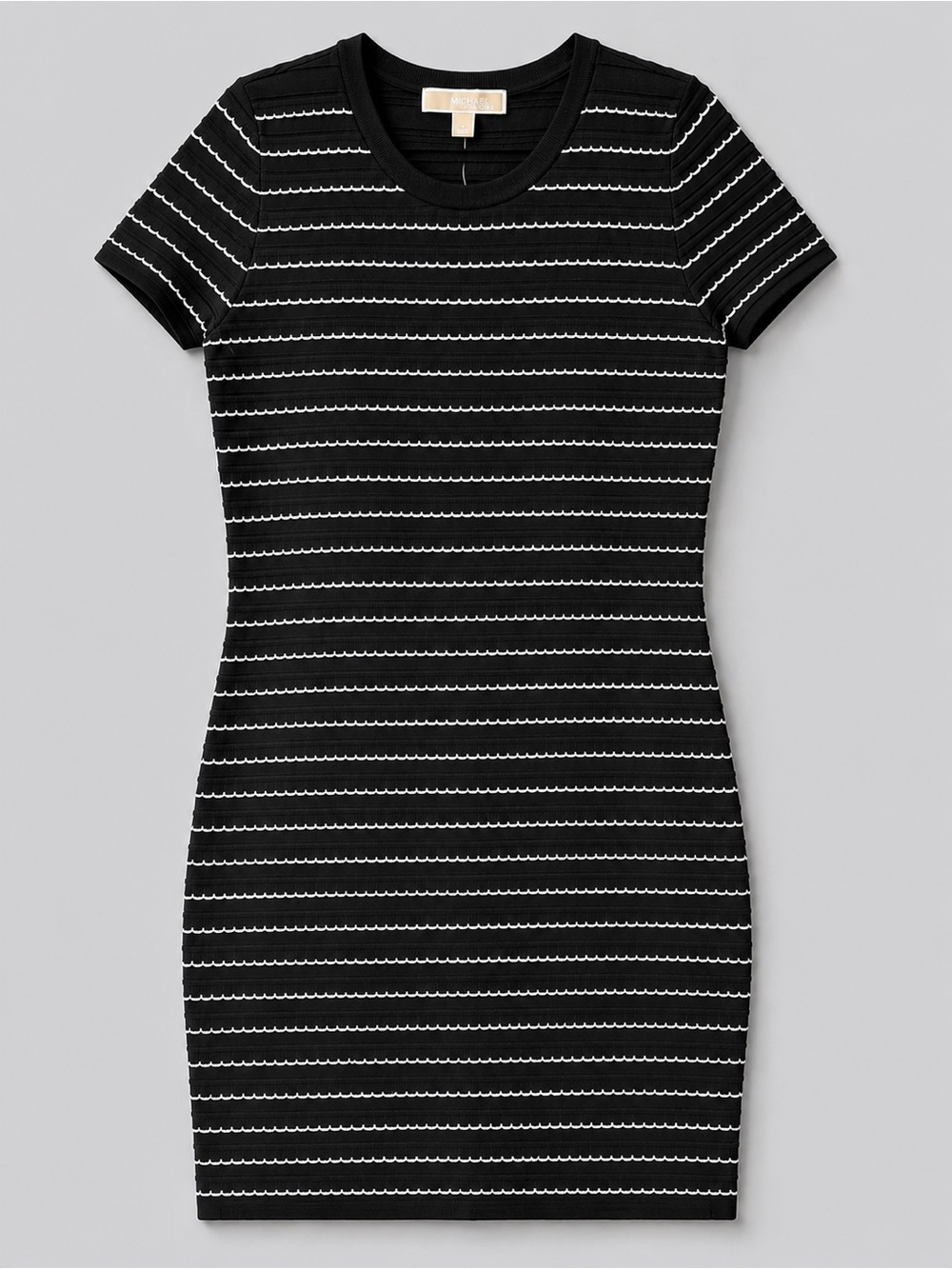 Michael Kors Black White Stripe Stretch Knit Dress Short Sleeve Size L